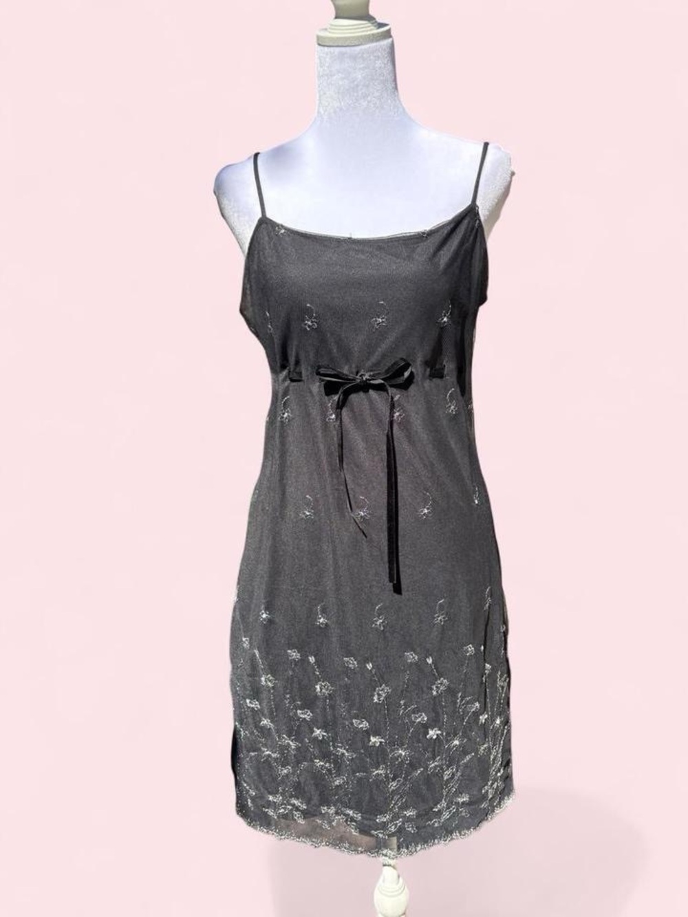 Women’s Black Embroidered Floral Slip Dress with Bow